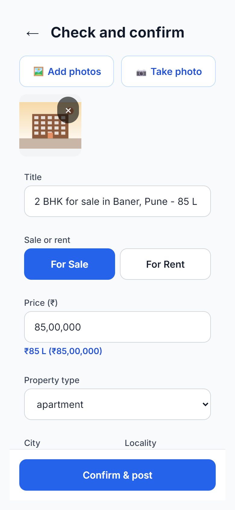 Phone screen "Check and confirm" showing a property photo, the title "2 BHK for sale in Baner, Pune - 85 L", For Sale selected, a price of 85,00,000 and a Confirm and post button.