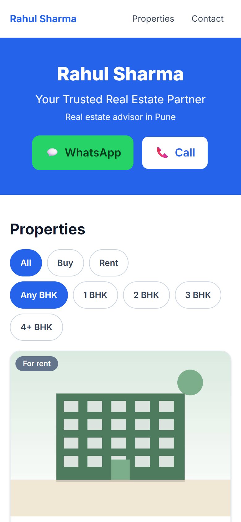 An agent website on a phone: a blue header with the agent name, WhatsApp and Call buttons, and a Properties list with All, Buy and Rent filters.