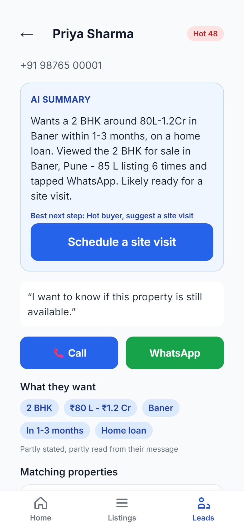 Phone screen for a buyer with a Hot score, an AI summary of what they want, a Schedule a site visit button, Call and WhatsApp buttons, and chips for what they want: 2 BHK, 80 lakh to 1.2 crore, Baner, in 1-3 months, home loan.