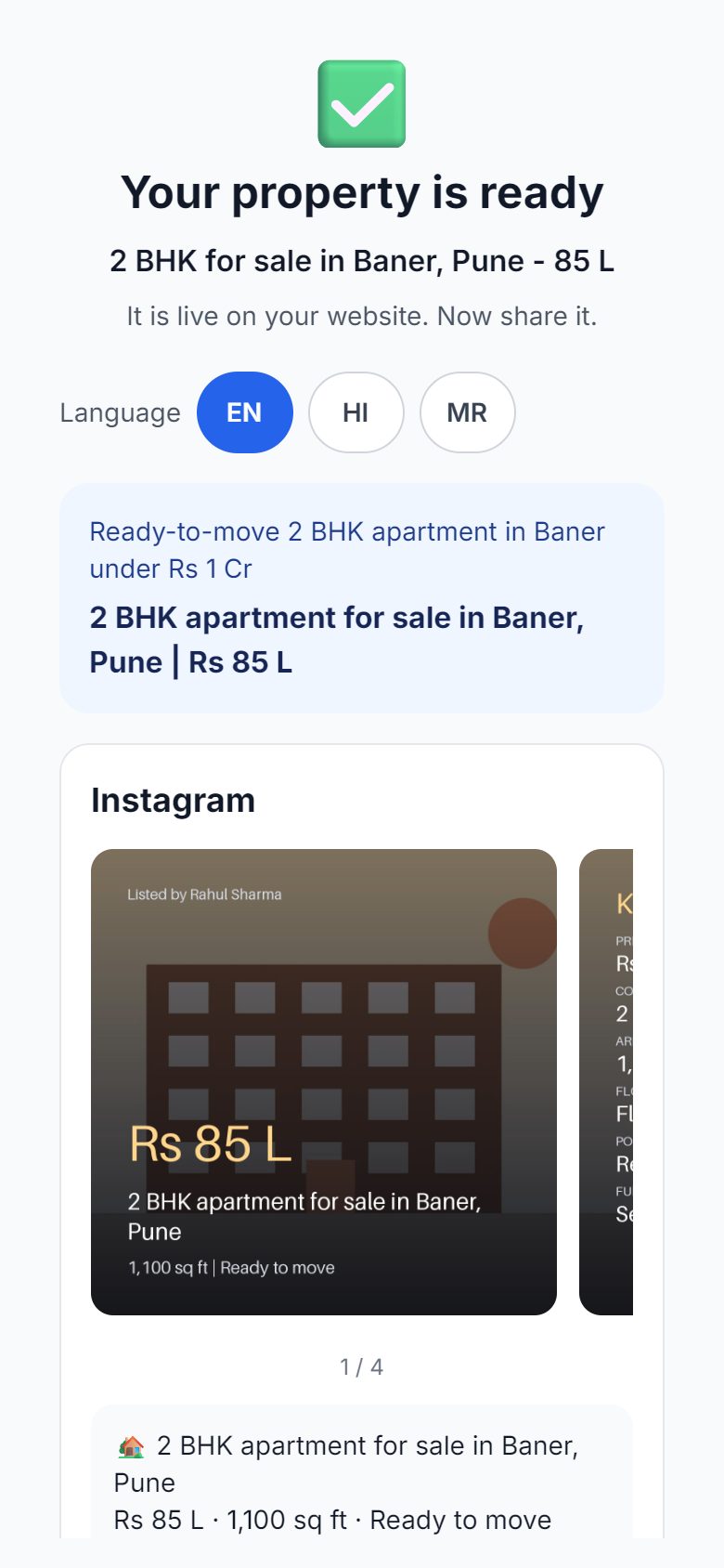 Phone screen "Your property is ready" with English, Hindi and Marathi language buttons and an Instagram image card for a 2 BHK apartment in Baner priced at Rs 85 L.