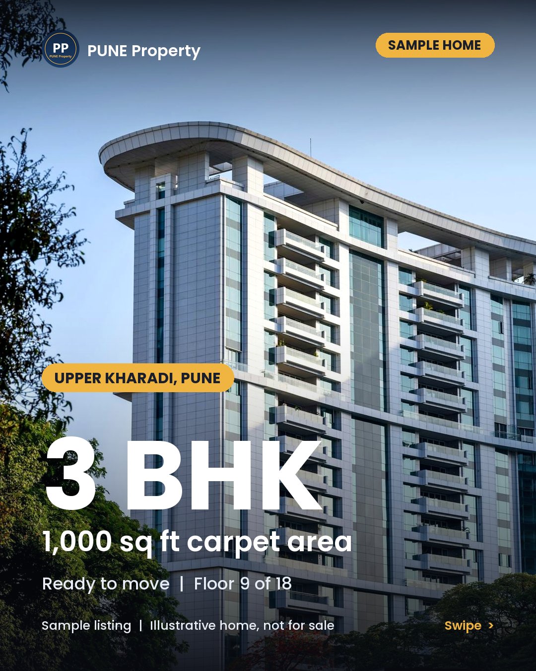 3 BHK in Upper Kharadi, 1,000 sq ft carpet: here is how a home looks on PUNE Property.